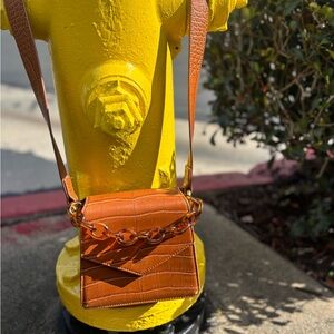 Croc-Embossed Tan Shoulder Bag